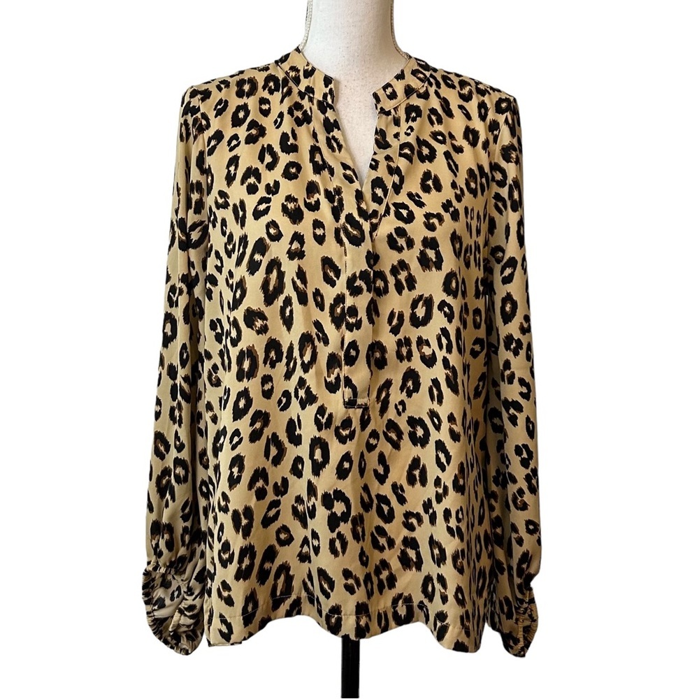 Chico’s Animal-Print Bishop-Sleeve Blouse SZ Medium Tan Black Leopard Career